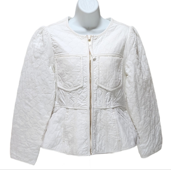 Democracy Jackets & Blazers - Democracy Quilted Denim Jacket Puff Long Sleeve Peplum Hem In Optic White Size S